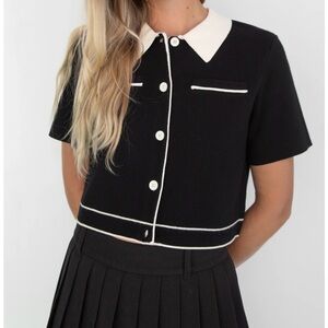 OAK + FORT Black and White Knit Collared Top